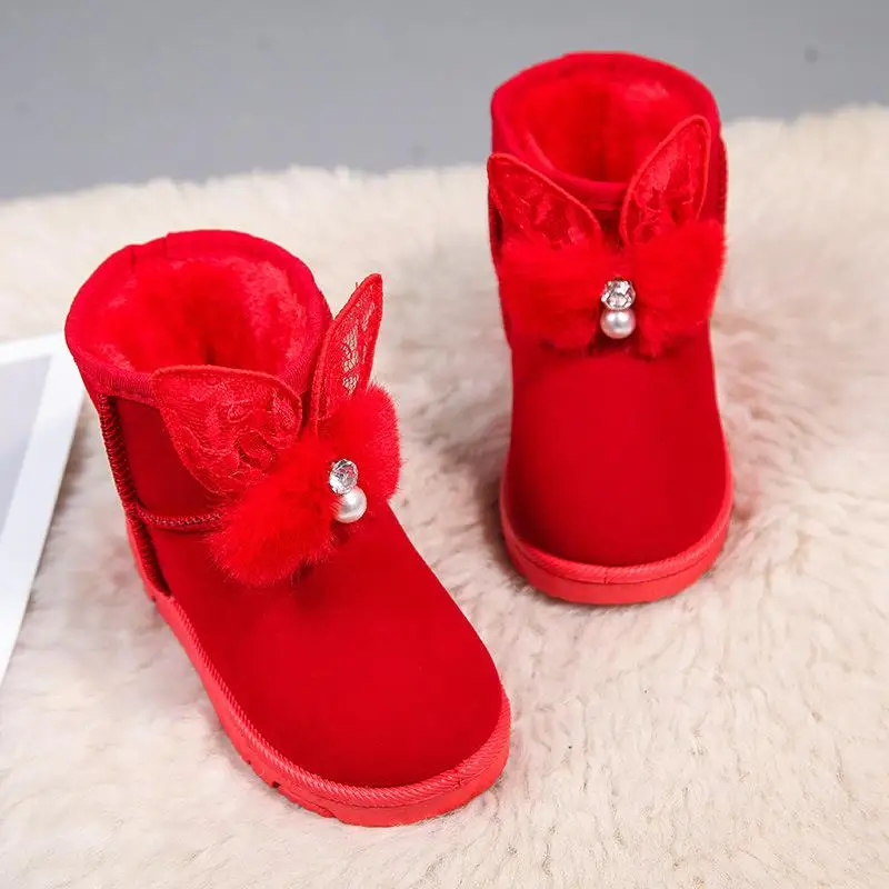 Зимние детские ботинки для мальчиков; меховая обувь для девочек; модные детские ботинки до середины икры; толстые теплые детские ботинки из замши с хлопковой подкладкой и пряжкой - Цвет: Red