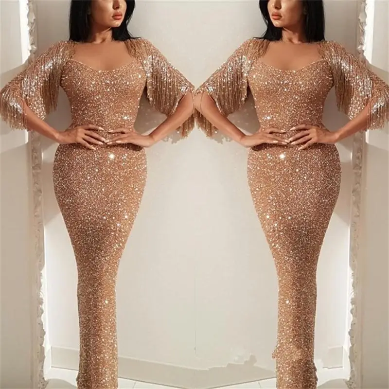 Роскошные золотые вечерние платья русалки с кисточками расшитое блестками длинное в пол женские вечерние платья robe de soiree
