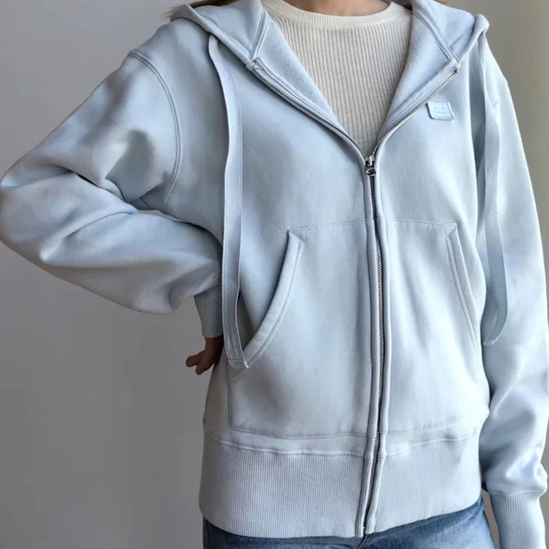

Smiley Label Solid Color Long-sleeved Sweater Zipper Cardigan Hooded Coat Autumn plus Velvet