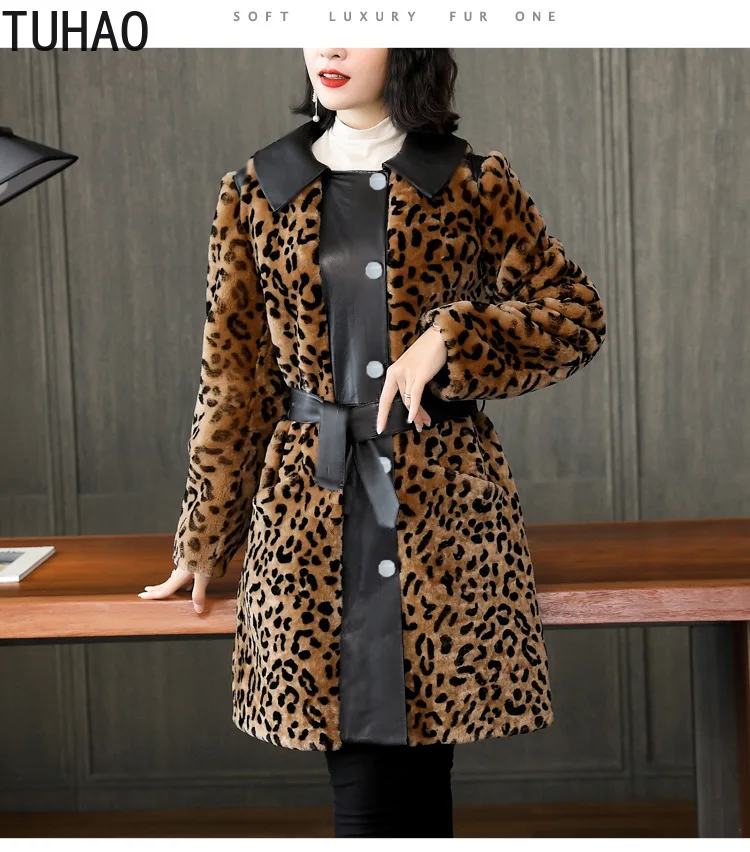 TUHAO Autumn Winter Mother Coats Woman Faux Fur Coat Leopard Medium Long Windbreaker Lamb Female Coat Outdoor Coats WM28