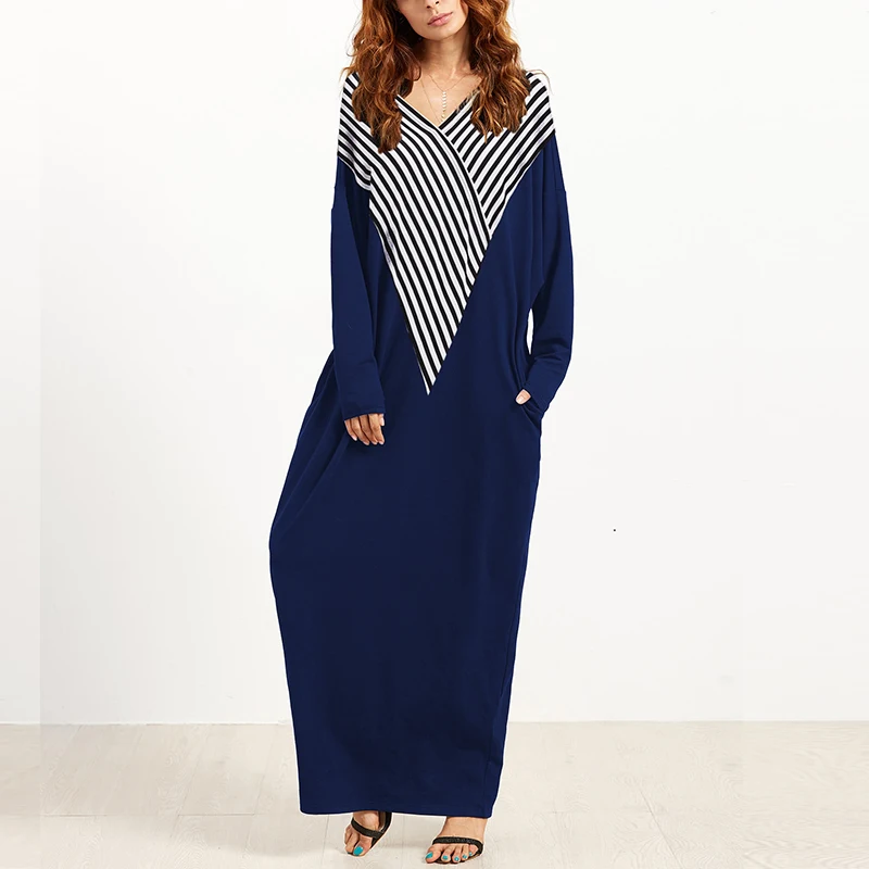 

2019 Plus Size Celmia Autumn Women Dress Vintage Striped Long Maxi Dress Ladies V Neck Long Sleeve Patchwork Casual Vestidos