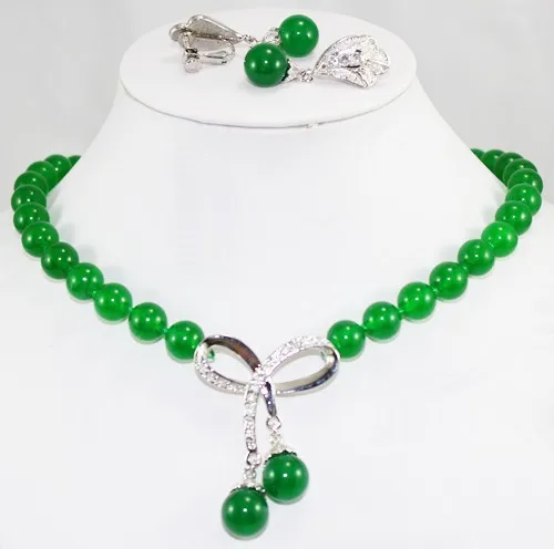 noblest 10mm green Jade necklace 17 inch+ pendant& earrings set