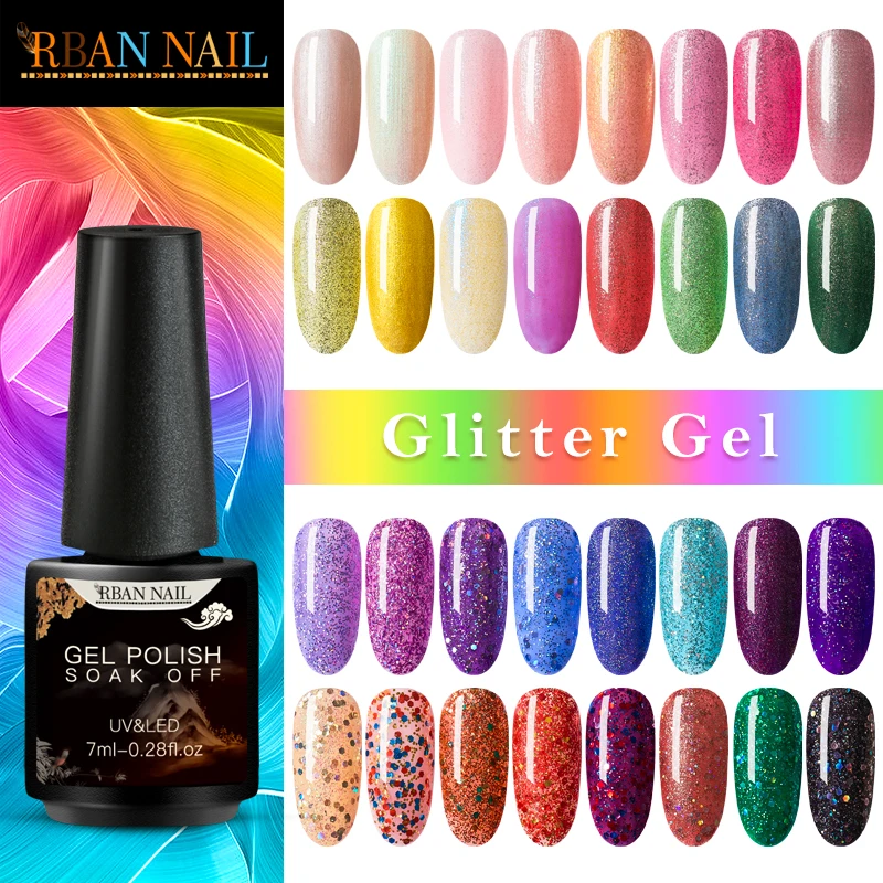 

RBAN NAIL 7ML Holographic Glitter Gel Nail Polish Shiny Glitter Sequins UV Gel Varnish Laser Soak Off UV Gel Nail Art For Winter