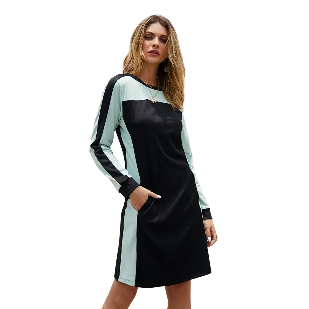 

Women Mini T shirt Dress Long Sleeve autumn O neck Solid Color Patchwotk Sweatshirt 2020 Casual Loose Pocket Sport Streetwear
