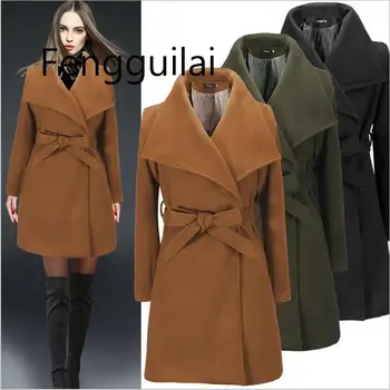 

2020 FENGGUILAI S-2XL Autumn Winter Wool Jacket Women Belt Breasted Coats Elegant Overcoat Basic Coat Pockets Woolen Long Coat