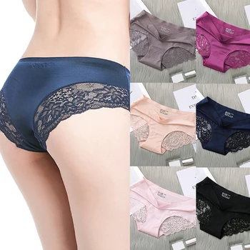 

Women Sexy Ice Silk Panties Female Middle Waist Breathable Cotton Large Size Briefs Underwear
