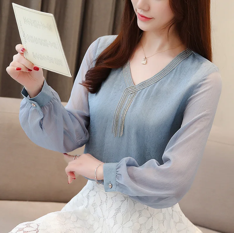 

Chiffon Tops Female Autumn 2019 New Style Korean-style V-neck Belly Covering Slimming Fashion Spring And Autumn Base Western Sty