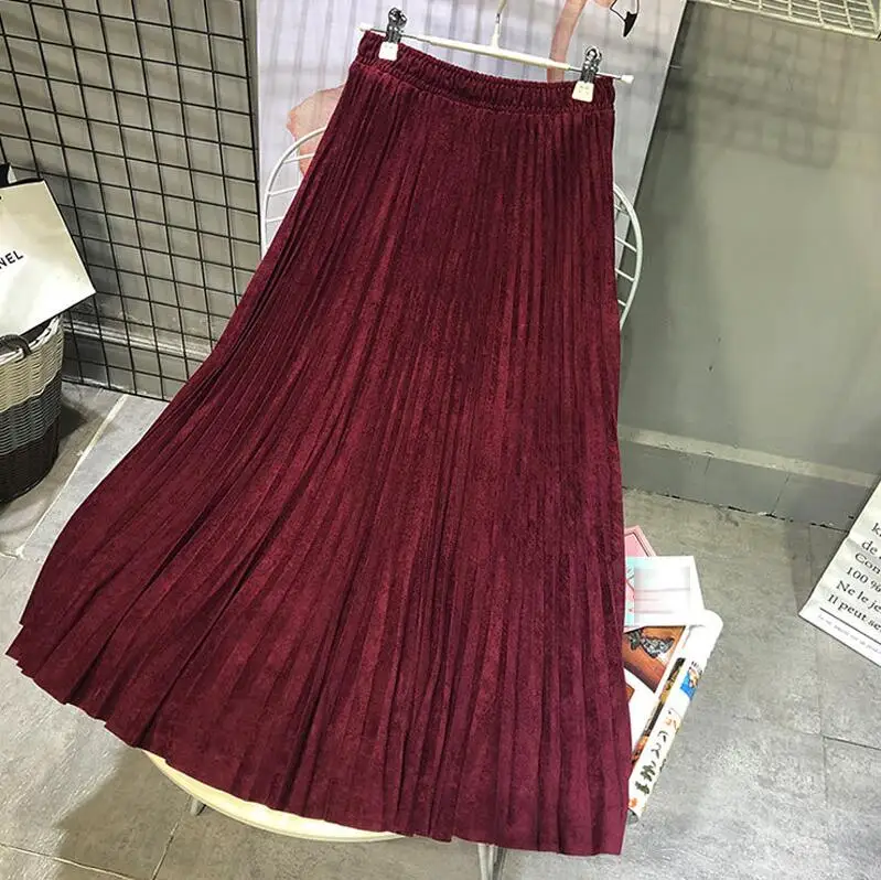 Wine red Двухслойная осенне-зимняя женская замшевая юбка, длинная Плиссированная юбка для женщин, s Saias Midi Faldas, винтажная Женская юбка миди - Цвет: Wine red