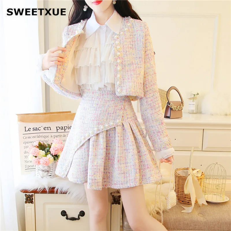 SWEETXUE твидовый комплект из двух предметов, короткая расшитая бисером куртка+ Асимметричная плиссированная юбка, клетчатый элегантный темперамент, шикарный женский костюм, новинка года