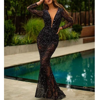 

Ordifree 2020 Summer Women Maxi Mermaid Dress Long Sleeve Sexy Bodycon Black Sequin Evening Long Party Dress