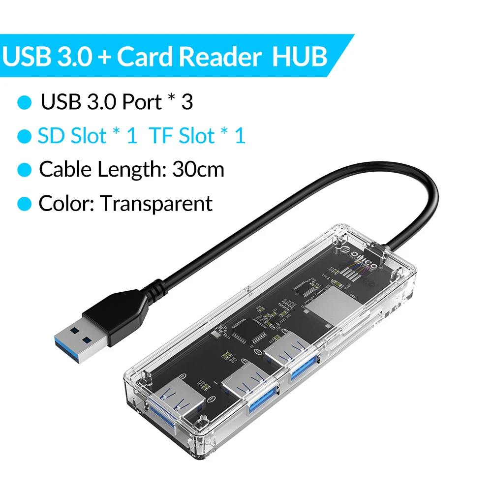 ORICO Прозрачный USB 3,0 концентратор мульти USB Высокоскоростной разветвитель 4 порта устройство для чтения карт SD TF OTG адаптер все в одном для компьютера - Цвет: 3 USB3.0 and SD TF