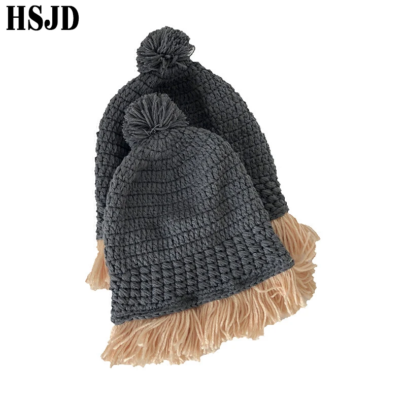 Children Funny Wig Cap Handmade Crochet Beggar Hat Parent-child Street Casual Cute Knitted Hats Warm Skullies Beanies Boys Caps