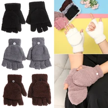 Детские полупальчиковые Двойные милые перчатки из микрофибры, спандекса, Детские коралловые бархатные теплые митенки, зимние модные толстые вязанные варежки