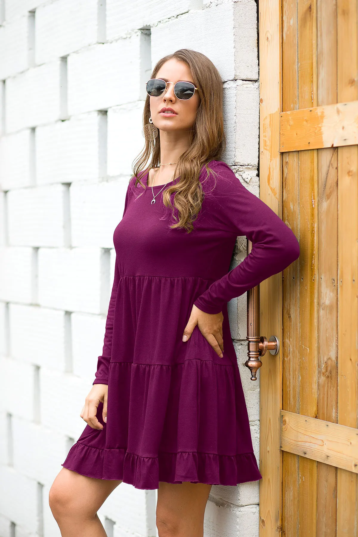 Summer Solid Color Pregnancy Dress Long Sleeves Maternity Dresses Ruffles Fashion O-neck Pregnant Dress Elegant