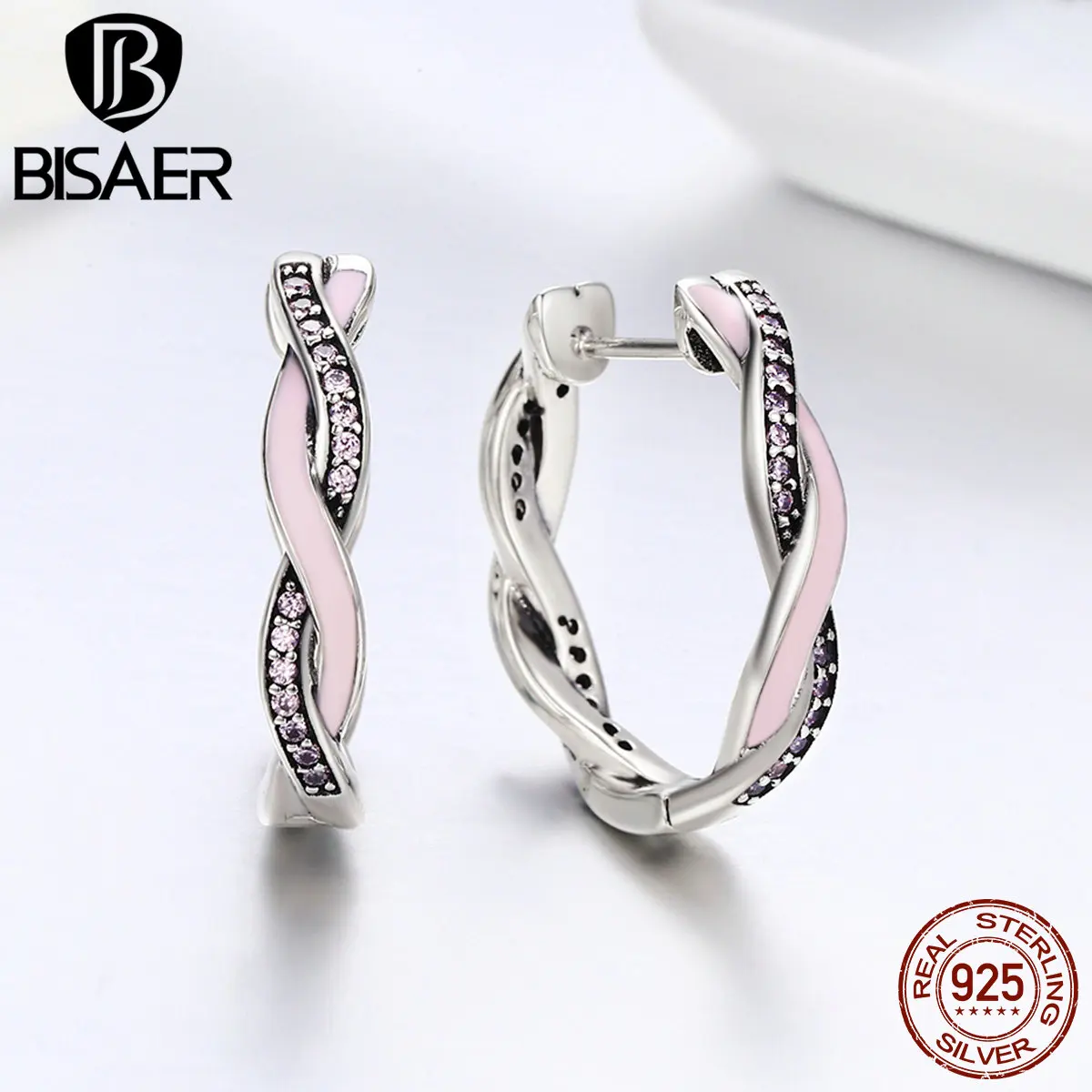 BISAER Bijoux, 925 пробы, серебряные, крученые, ослепительные, CZ волна, серьги-гвоздики для женщин, серьги из стерлингового серебра, ювелирные изделия GXE297