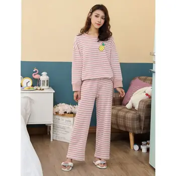 

Women Pajamas Set O Neck Cartoon Kawaii Striped Cartoon Sleepwear Female Casual Winter Pajamas Mujer Hot Sale Y5