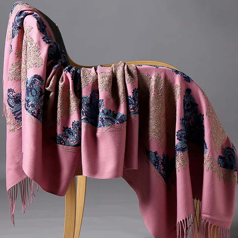 drak pink New Winter Warm Solid Scarf For Women/Lady Soft Wool Pashmina Shawls Flower Embroidery Cashmere Female Wraps Capes - Цвет: drak pink
