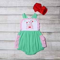 Vêtements d'été pour filles, bretelles vertes, sans manches, treillis rose, motif brodé château, barboteuse pour bébés 