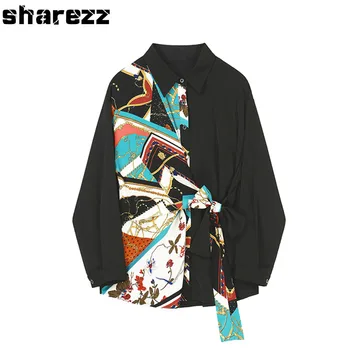 

sharezz Spring Autumn 2020 Women Print Split Temperament Blouse New Lapel Bandage Long Sleeve Loose Fit Shirt Fashion Tide