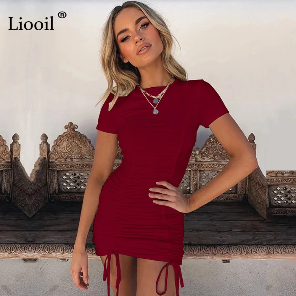 Liooil, сексуальное облегающее мини-платье с рюшами,, короткий рукав, о-образный вырез, черный, белый цвет, облегающие платья, женские вечерние платья для ночного клуба
