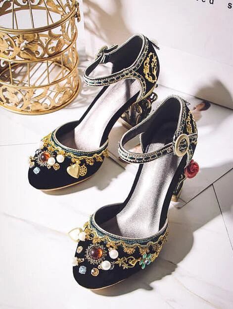 black Женская свадебная обувь; не сужающийся книзу массивный каблук средней высоты; туфли-лодочки с украшением в виде кристаллов; обувь Mary Jane из флока с вышивкой; Роскошная обувь для невесты с круглым носком - Цвет: black