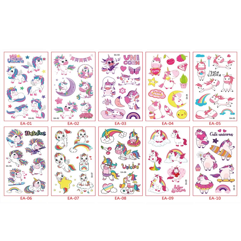 10sheet Children Cute Cartoon Unicorn Mermaid Animal Temporary Tattoo Stickers Baby Shower Kids Body Makeup Sticker Tattoos Gift