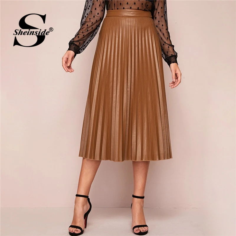 

Sheinside Camel Elegant PU Leather Pleated Skirt Women 2020 Spring High Waist Midi Skirts Ladies Solid Casual Zipper Skirt