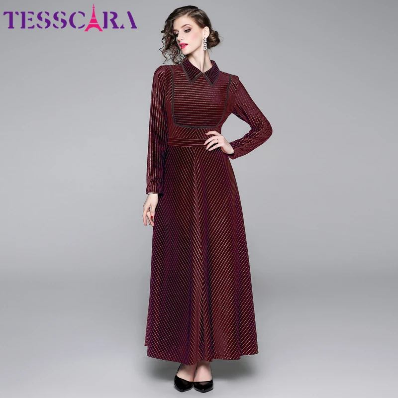 TESSCARA, женское осенне-зимнее винтажное платье, праздничное, дизайнерское, коктейльное платье, высокое качество, длинное, макси, для офиса, вечерние, Vestidos