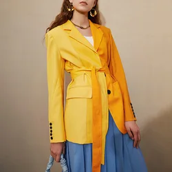 Moda jaqueta amarela outono 2021 nova costura contraste cor cintura gravata temperamento curto commuter terno