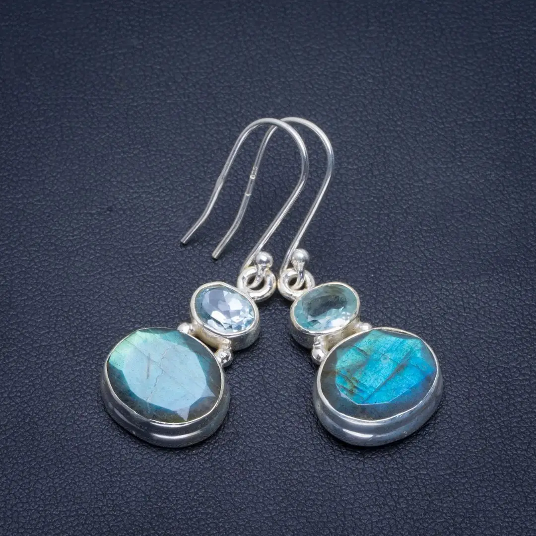 

Natural Blue Fire Labradorite and Blue Topaz Handmade Unique 925 Sterling Silver Earrings 1.5" B2812
