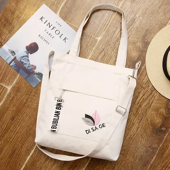 

Dropshipping Single Shoulder Woman Eco Bag Black Daily Use White Pretty Style Canvas Cloth Book Bag Girl Woman Crossbody Totes