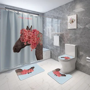 

Microfiber Bathroom Carpet Bath Mat and Shower Curtain Set Toilet Seat Cover Mat Animal Printed Bathroom Toilet Carpet