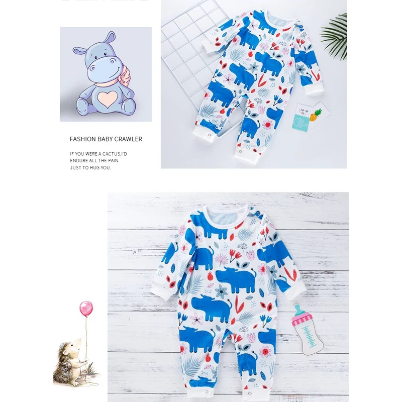 Baby Clothing 0-2 Years Old Baby Long Sleeve Cartoon Hippo Print Overalls Baby Clothes Romper