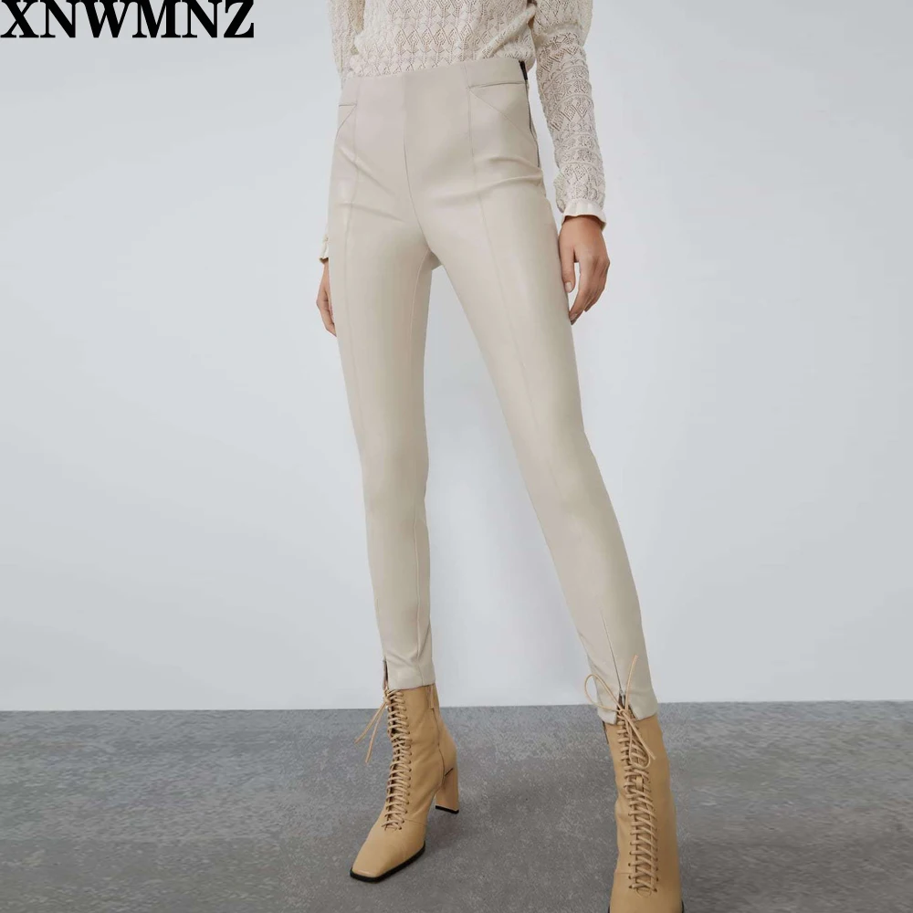 

2020 Fashion Autumn Winter Women High Wasit Faux Leather Trousers Lady Black Beige Fleece PU Zippers Skinny Stretch Pencil Pants