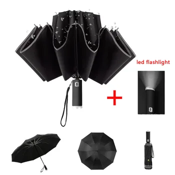 

10/12K Windproof Automatic Fold Inverted Umbrella With LED Flashlight Car Reverse Umbrella Reflective Stripe Rain Sun Umbrella