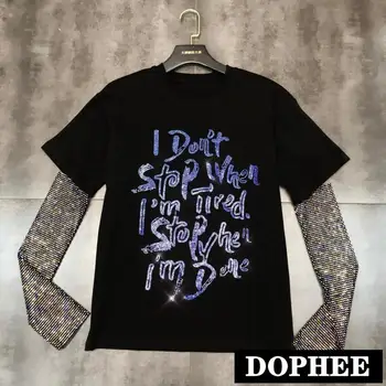 

2019 New Fashion Colorful Hot Drill Letters Removable Long Sleeve T-shirt Women's Round Collar Black Shirt Casual Tops