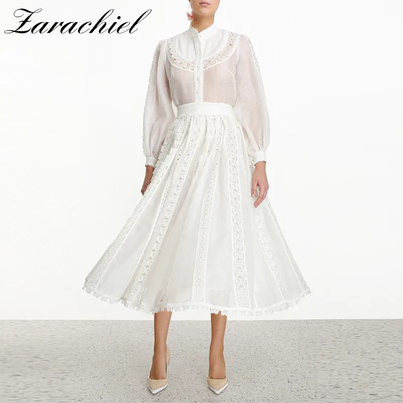 2 piece set Весенний комплект из 2 предметов для подиума, Женская кружевная сетчатая рубашка с длинным рукавом и стоячим воротником+ длинная юбка трапециевидной формы с завышенной талией - Цвет: 2 piece set