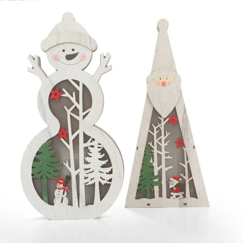 New Year Christmas Decoration Crafts Color Painted LED Light Up Wooden Tabletop Ornaments Battery Not Icnluded H