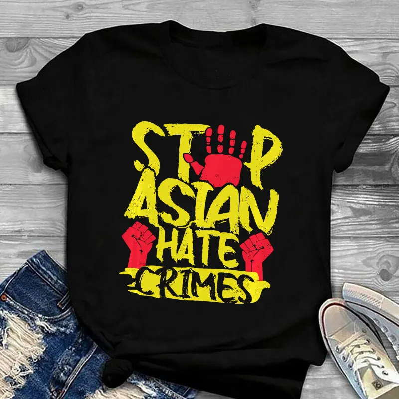 

Wholesale Stop Asian Hate T Shirt 100% Cotton Graphic Tees Streetwear Oversized Women Tshirt