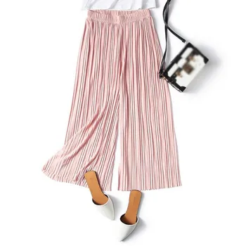 

Fashion Women Pleated Trousers 8 Colors Casual Loose Ankle Length Wide Leg Pants Summer Chiffon Casual Cropped Trouser