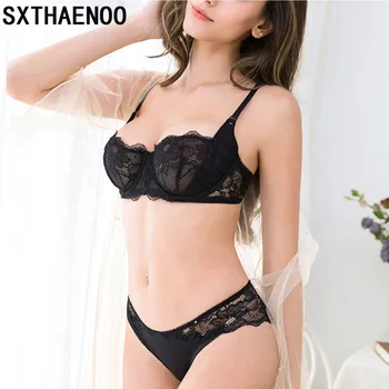 

SXTHAENOO Lace Transparent Bra Set Three Quarters Cup Bras Lingerie See Through Brassiere And Panties Set Sexy Women's Underwe