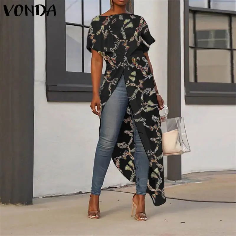 VONDA Новое поступление Летняя асимметричная Туника женские Топы Блузка плиссированная рубашка с длинным рукавом женская одежда с цветочным принтом Blusas
