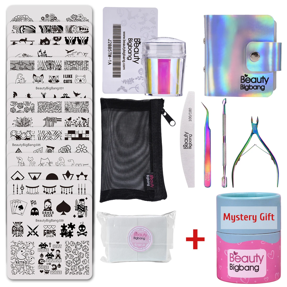 Beautybigbang 15 ногтей штамповки пластины набор маникюрный напечатанный дизайн шаблон+ инструменты для дизайна ногтей сумка штамп с тайной подарочный набор