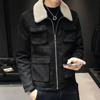 

YASUGUOJI New 2019 Fashion Fleece Turn-down Collar Jacket Men 4 Pocklets Cargo Jacket for Men Casual Mens Winter Suede Jackets