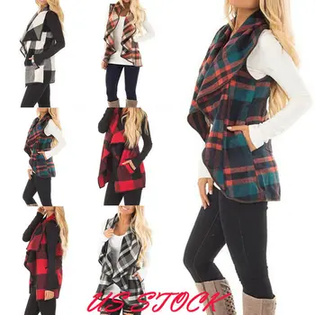 

Autumn Womens Clothes Waistcoat Plaid Duster Coats Jackets Outwear Cardigan Fashion Casual Loose Sleeveless Outerwear Lady Vest