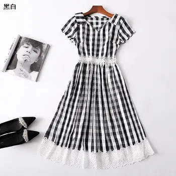 

New women s summer 221982 lapel side zippers checked dress with short sleeves and long