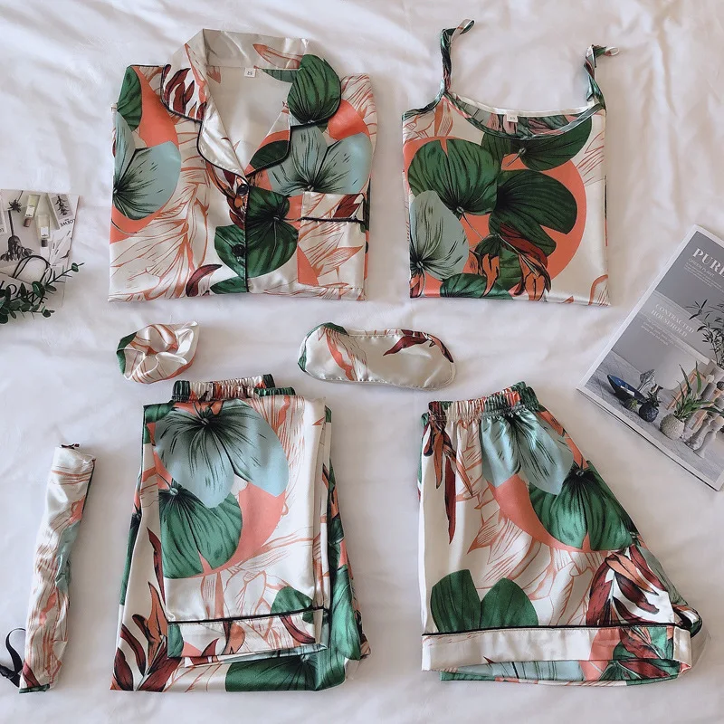 Strap Sleepwear Pyjamas Women's 7 Pieces Pink Pajamas Sets Satin Silk Lingerie Homewear Sleepwear Pyjamas Set Pijamas For Woman
