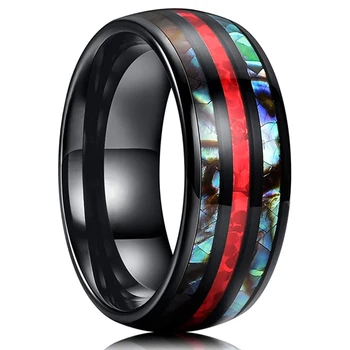 

8mm Stylish Stainless Steel Men's Ring Abalone Shell Red Opal Wedding Ring Men's Promise Jewelry Anniversary Gift