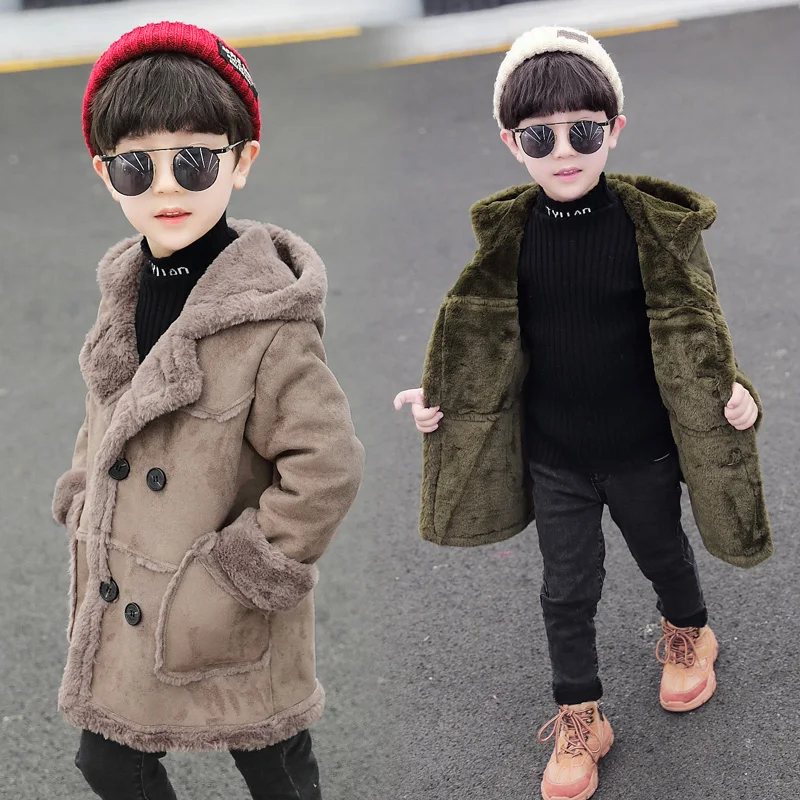 Boys Thickened Suede Fur Jacket Autumn Winter New Children's Velvet Warm Outerwear Clothes Kids Fashion Hooded Overcoat B352