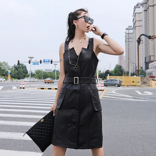 Черный Genuine Leather Dress Highstreet V Neck Buckle Belted Single Breasted Dress Women Autumn Strap Sleeveless Side Pocket Dresses - Цвет: Черный